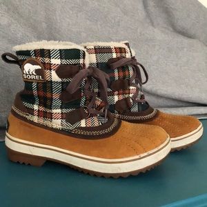 Plaid and Leather Sorel Boots